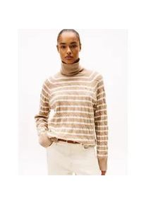 Rollkragenpullover Tommy Hilfiger "SOFT WOOL CABLE ROLL-NK LS SWT", Damen, Gr. L (40), safari canvas htr, ivory petal stp, Strick, Obermaterial: 100% Wolle, gestreift, meliert, normal, Pullover Rollkragenpullover, mit Zopfmuster, aus reiner Wolle