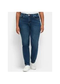 Stretch-Jeans sheego, Damen, Gr. 29, Kurzgr&ouml;&szlig;en, blau (dunkelblau denim), 96% Baumwolle, 4% Elasthan, unifarben, lang, Jeans