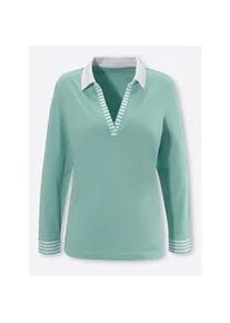 Langarmshirt Classic Basics "Langarm-Shirt", Damen, Gr. 52, salbei, wei&szlig;, 100% Baumwolle, gemustert, gestreift, mehrfarbig, V-Ausschnitt, Shirts Langarmshirt