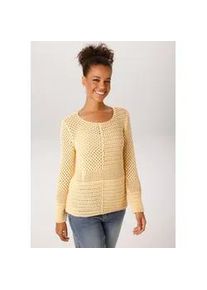 Rundhalspullover Aniston CASUAL, Damen, Gr. 46, gelb, Feinstrick, Obermaterial: 100% Baumwolle, unifarben, figurumspielend h&uuml;ftlang, Rundhals, Strickkante, Pullover Rundhalspullover, mit trendig gemixten Ajour-Mustern