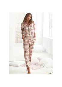 H.I.S. Pyjama H.I.S, Damen, Gr. 32, beige (creme, kariert), Flanell, Obermaterial: 100% Baumwolle, gemustert, kariert, Basic normal, V-Ausschnitt, Manschette kontrastfarben, Homewear-Sets Pyjama, aus Flanell mit Allover-Karomuster