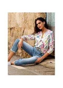 Langarmbluse Heine, Damen, Gr. 34, ecru, limone, bedruckt, 98% Polyester, 2% Elasthan, bedruckt, gemustert, mehrfarbig, Rundhals, Blusen