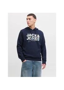 Jack & Jones Kapuzensweatshirt JACK & JONES "JJGEPLAS SWEAT HOOD", Herren, Gr. S, sky captain, angeraute Sweatware, Obermaterial: 60% Baumwolle, 40% Polyester, bedruckt, regular fit normal, Rippb&uuml;ndchen, Sweatshirts