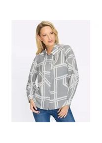 Hemdbluse Heine, Damen, Gr. 38, steingrau, ecru, bedruckt, 100% Polyester, bedruckt, gemustert, mehrfarbig, Rundhals, Blusen Hemdbluse