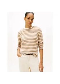 Strickpullover Tommy Hilfiger, Damen, Gr. M (38), beige (safari canvas htr, ivory petal stp), Strick, Obermaterial: 100% Wolle, gestreift, normal h&uuml;ftlang, Rundhals, offene Kante, Pullover Strickpullover, aus reiner Wolle