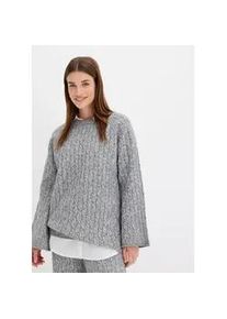 Strickpullover bonprix "Oversize-Pullover mit Zopfmuster", Damen, Gr. 48/50 (XL), grau (grau meliert), Strick, Obermaterial: 97% Polyester, 3% Wolle, meliert, oversize normal, Rundhals, Trompeten&auml;rmel gerader Abschluss, Pullover Strickpullover, aus Polyester und Wolle, mit Rundhalsausschnitt, mit Zopfmuster