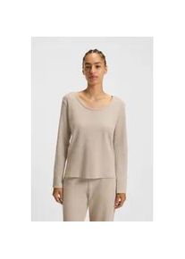 Langarmshirt BOSS "Waffle", Damen, Gr. L, light beige, Jersey, Obermaterial: 60% Baumwolle, 40% Polyester, Basic normal, tiefer Rundhals, Shirts Langarmshirt, Schlaf-Top, Waffelstruktur, aus Baumwollmix