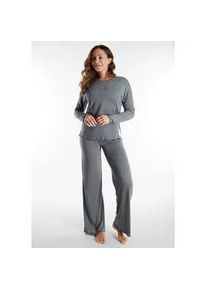 Schlafanzug Tom Tailor "Xanthi", Damen, Gr. 44 (XXL), grau (grau, mittel, melange), Single Jersey, Obermaterial: 54% Viskose, 44% Polyester, 2% metallisierte Faser (LUREX), bequem lang, Rundhals, gewellter Abschluss, Homewear-Sets Schlafanzug, mit langen &Auml;rmeln, leicht meliert, Rundhalsausschnitt
