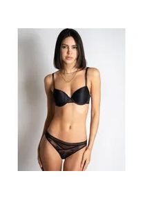 T-Shirt-BH Passionata "MADDIE", Damen, Gr. 80, Cup E, schwarz (noir), Obermaterial: 78% Polyamid, 22% Elasthan, BHs T-Shirt-BH, florale Spitze, gestreifter T&uuml;ll, Memory-Cups