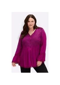Longbluse sheego BY JOE BROWNS, Damen, Gr. 42, magenta, 100% Viskose, Spitze:100% Baumwolle, unifarben, V-Ausschnitt, Blusen Longbluse