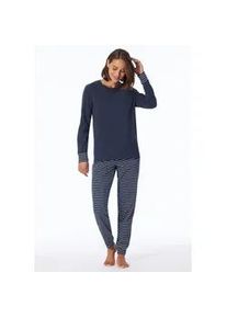 Schlafanzug UNCOVER BY Schiesser "Uncover Nightwear", Damen, Gr. 46, 835, blau, Single Jersey, Obermaterial: 100% Baumwolle, bequem lang, Rundhals, angesetztes B&uuml;ndchen, Homewear-Sets Schlafanzug, Rundhalsausschnitt, Pure Cotton, Streifen, Single Jersey, Langarm