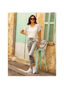 Kurzarmpullover Heine "Pullover", Damen, Gr. 38, sand, 85% Baumwolle, 13% Polyester, 2% Elasthan, Besatz:7% Elasthan, 93% Polyester, Einsatz:100% Polyester, gemustert, Pullover