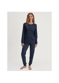 Schlafanzug Calida, Damen, Gr. S (40/42), blau (peacoat blau), Single Jersey, Obermaterial: 100% Baumwolle, bequem lang, Rundhals, Rippb&uuml;ndchen, Homewear-Sets Schlafanzug, mit Druck, basic, Langarm, Rundhalsausschnitt, Baumwolle
