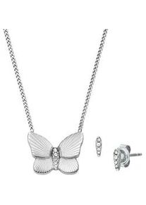 Ohrring und Ketten Set Fossil "Multipack Schmuck Geschenk Edelstahl SUTTON Schmetterling", edelstahlfarben, kristallfarben, kristallwei&szlig;, Schmuck_Sets, Damen, Edelstahl, mit Glasstein