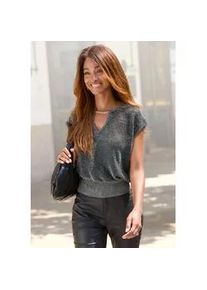 Kurzarmpullover Lascana, Damen, Gr. 36/38, silber (schwarz, silberfarben), Glitzergarne, Obermaterial: 70% Polyester, 30% Polyamid, Glanzfaden, figurumspielend h&uuml;ftlang, Rundhals, Pullover, aus Glitzergarn mit Gliederketten-Detail