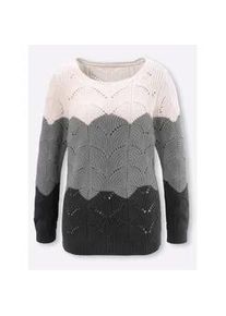 Ajourpullover Classic Basics "Rundhals-Pullover", Damen, Gr. 38, anthrazit, ecru, gemustert, 100% Baumwolle, gemustert, gestreift, mehrfarbig, Pullover