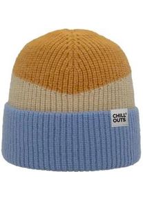 Beanie Chillouts "Natascha Hat", Damen, curry, blau, Materialmix, colorblocking, M&uuml;tzen Beanie, Moderne Rippstrickbeanie in Blockfarben