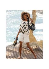 Kurzarmpullover Heine "Pullover", Damen, Gr. 36/38, schwarz, sand, gemustert, 100% Baumwolle, gebl&uuml;mt, gemustert, mehrfarbig, Pullover