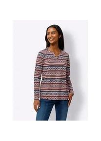 Langarmshirt Heine "Druck-Shirt", Damen, Gr. 44, bunt (marine, rotbraun, bedruckt), 100% Baumwolle, bedruckt, gemustert, gestreift, mehrfarbig, Rundhals, Shirts Langarmshirt