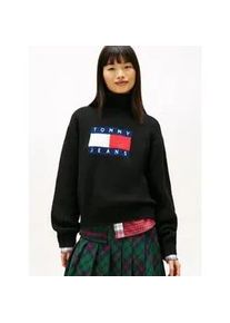 Tommy Hilfiger Rollkragenpullover TOMMY JEANS "TJW TURTLENECK FLAG SWEATER EXT", Damen, Gr. M (38), schwarz, Strick, Obermaterial: 53% Polyester, 38% Nylon, 9% Wolle, gemustert, regular fit normal, Rundhals, Pullover Rollkragenpullover