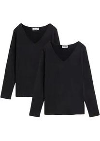 Langarmshirt bonprix "Figurbetontes Langarmshirt (2er Pack)", Damen, Gr. 48/50 (XL), schwarz (schwarz, schwarz), Jersey, Obermaterial: 95% Baumwolle, 5% Elasthan, unifarben, slim fit normal, tiefer V-Ausschnitt, Shirts Langarmshirt, Slim fit Passform, mit V-Ausschnitt, aus Baumwolle und Elasthan