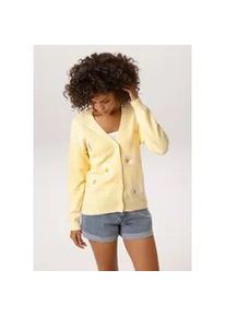 Strickjacke Aniston CASUAL, Damen, Gr. 40, hellgelb, wei&szlig;, gelb, Feinstrick, Obermaterial: 100% Baumwolle, bestickt, gebl&uuml;mt, l&auml;ssig geschnitten h&uuml;ftlang, V-Ausschnitt, Strickb&uuml;ndchen, Strickjacken Strickjacke, mit aufgestickten Margeriten verziert
