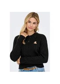 Strickpullover Only "ONLKATIA LS CABLE POLO CC KNT", Damen, Gr. XS, schwarz detail:teddy emb, dtm button, Strick, Obermaterial: 50% Viskose, 27% Nylon, 23% Polyester, gestreift, regular fit normal, Rundhals, Pullover Strickpullover