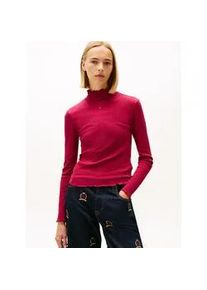 Tommy Hilfiger Langarmshirt TOMMY JEANS "TJW SLIM RIB LETTUCE EDGE LS", Damen, Gr. S (36), lavish cerise, Single Jersey, Obermaterial: 95% Baumwolle, 5% Elasthan, unifarben, figurbetont, Shirts Langarmshirt, in gerippter Struktur