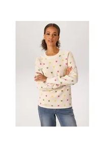 Strickpullover Aniston CASUAL, Damen, Gr. 46, hellbeige, moosgr&uuml;n, pink, gelb, Strick, Obermaterial: 100% Baumwolle, Jacquardmuster, figurumspielend h&uuml;ftlang, Rundhals, Raglan&auml;rmel Rippstrickb&uuml;ndchen, Pullover Strickpullover, mit eingestrickten grafischen Katzenk&ouml;pfen - NEUE KOLLEKTION