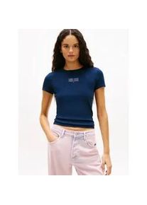 Tommy Hilfiger Kurzarmshirt TOMMY JEANS "TJW SLIM TOMMY 85 RIB SS TEE", Damen, Gr. XL (42), schwarz night navy, Single Jersey, Obermaterial: 95% Baumwolle, 5% Elasthan, bedruckt, figurbetont, Rundhals, Shirts, in gerippter Struktur