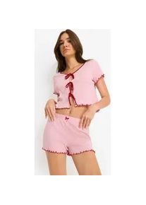 Shorty LSCN BY LASCANA, Damen, Gr. 36/38, rose, Jersey, Obermaterial: 100% Baumwolle, loose fit h&uuml;ftlang, V-Ausschnitt, eingesetzt Babylock, Homewear-Sets Shorty, Mit Schleifen zum binden