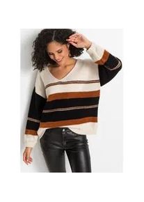 V-Ausschnitt-Pullover bonprix, Damen, Gr. 36/38 (S), beige (creme, braun quer gestreift), Strick, Obermaterial: 76% Polyacryl, 21% Polyester, 3% Polyamid, gestreift, l&auml;ssig geschnitten h&uuml;ftbedeckend, V-Ausschnitt, Pullover, aus weichem Materialmix, mit V-Ausschnitt, l&auml;ssig geschnitten