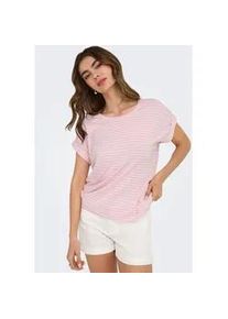 Kurzarmshirt Only "ONLMOSTER STRIPE S/S O-NECK TOP JRS NOOS", Damen, Gr. S (36), rosa (pink lady stripes:cloud dancer), Jersey, Obermaterial: 75% Viskose, 20% Polyester, 5% Elasthan, gestreift, regular fit normal, Rundhals, Aufschlag, Shirts, gestreift, l&auml;ssig geschnitten, Jersey, Rundhals, Viskosemischung