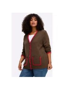 Cardigan sheego, Damen, Gr. 52/54, schoko, kirsche, 100% Polyacryl, Besatz:100% Polyamid, unifarben, Strickjacken