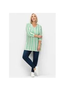 Strickpullover sheego "Pullover", Damen, Gr. 40/42, gr&uuml;n (gr&uuml;n, sanftes wei&szlig;), 50% Baumwolle, 50% Polyacryl, gemustert, gestreift, V-Ausschnitt, Pullover Strickpullover