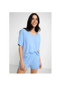 Shorty LSCN BY LASCANA, Damen, Gr. 32/34, blau (rauchiges blau), Rippware, Obermaterial: 63% Polyester, 33% Viskose, 4% Elasthan, unifarben, loose fit kurz, Rundhals, abgesteppt, Homewear-Sets Shorty, mit Zierknopfleiste an der Hose