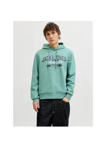 Jack & Jones Kapuzensweatshirt JACK & JONES "JJELOGO SWEAT HOOD 2 COL 25/26 NOOS", Herren, Gr. M, mineral blau, angeraute Sweatware, Obermaterial: 70% Baumwolle, 30% Polyester, bedruckt, regular fit normal, Rundhals, Rippb&uuml;ndchen, Sweatshirts, mit stylischem Print