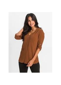 Longbluse bonprix "Longbluse", Damen, Gr. 42, braun (cognac), Obermaterial: 97% Polyester, 3% Elasthan, unifarben, V-Ausschnitt, mit Riegel, Blusen Longbluse, bequeme Passform, verdeckte Knopfleiste, unifarben, mit Brusttasche
