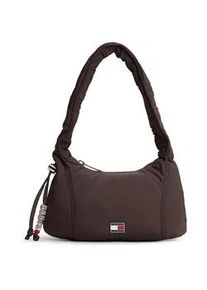 Tommy Hilfiger Schultertasche TOMMY JEANS "TJW CASUAL SHOULDER BAG", Damen, Gr. B/H/T: 27cm x 16cm x 8cm, dunkelbraun, Textil, Taschen Schultertasche, Damen Tragetasche, Minibag, mit Zierperlen und Schmuckelementen