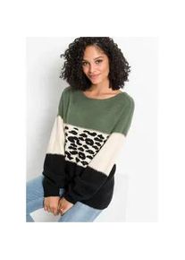 Strickpullover bonprix "Oversize-Pullover", Damen, Gr. 52/54 (XXL), schwarz (schwarz, hellgr&uuml;n, creme leo bedruckt), Strick, Obermaterial: 75% Polyacryl, 22% Polyester, 3% Elasthan, gemustert, oversize h&uuml;ftbedeckend, Rundhals, Rippstrickb&uuml;ndchen, Pullover Strickpullover, mit gemustertem Design, mit Glitzergarn Details, Materialmix