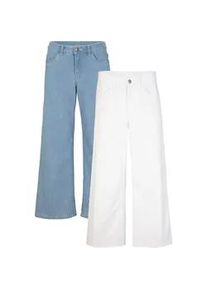 Caprijeans bonprix "Capri Jeans Mid Waist, (2er Pack)", Damen, Gr. 34, N-Gr, blau (eisblau denim, wei&szlig;), Denim/Jeans, Obermaterial: 82% Baumwolle, 17% Polyester, 1% Elasthan. Obermaterial 2: 97% Baumwolle, 3% Elasthan, unifarben, loose fit 7/8-L&auml;nge, Jeans, lockere Passform, mit Eingrifftaschen, mit Ges&auml;&szlig;taschen