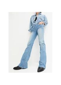 Bootcut-Jeans bonprix "Bootcut-Jeans Mid Waist, Stretch", Damen, Gr. 42, N-Gr, blau (hellblau denim), Obermaterial: 82% Baumwolle, 17% Polyester, 1% Elasthan, slim fit, Jeans, Slim Fit Passform, Mid Waist Schnitt, mit Stretch-Anteil