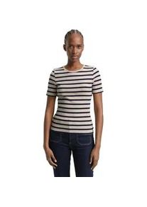 Rundhalsshirt Tom Tailor DENIM, Damen, Gr. XL, cloud grau navy stripe, Single Jersey, Obermaterial: 93% Baumwolle, 7% Elasthan, gestreift, k&ouml;rpernah h&uuml;ftbedeckend, Rundhals, Shirts Rundhalsshirt, gestreift, Fein-Ripp-Optik