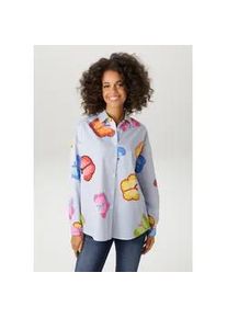 Hemdbluse Aniston CASUAL, Damen, Gr. 48, bunt (wei&szlig;, hellblau, pink, rosa, blau, rot, orange, braun, gelb, oliv, t&uuml;rkis), Web, Obermaterial: 100% Baumwolle, bedruckt, gestreift, oversize Po-bedeckend, 1-Knopf-Manschette, Blusen Hemdbluse, gestreift und mit bunten Schmetterlingen bedruckt - NEUE KOLLEKTION