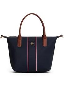 Tragetasche Tommy Hilfiger "POPETTE MINI TOTE CORP", Damen, Gr. B/H/T: 30cm x 18,5cm x 14cm, dunkelblau, Leder, Textil, Taschen, Damen Umh&auml;ngetasche, Handtasche, Schultertasche mit farbigen Streifen
