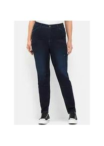 Stretch-Jeans sheego, Damen, Gr. 54, Normalgr&ouml;&szlig;en, blau (dunkelblau denim), 95% Baumwolle, 3% Polyester, 2% Elasthan, unifarben, lang, Jeans