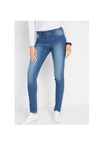 Jeansjeggings bonprix "Jeggings Mid Waist, Bequembund", Damen, Gr. 52, N-Gr, blau (blau denim), Denim/Jeans, Obermaterial: 82% Baumwolle, 17% Polyester, 1% Elasthan, Abriebeffekte, unifarben, slim fit lang, Jeans, Slim Fit Passform, Mid Waist Schnitt, mit Bequembund