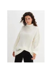 Strickpullover bonprix "Grobstrick-Pullover", Damen, Gr. 44/46 (L), wei&szlig; (wollwei&szlig;), Obermaterial: 56% Polyester, 31% Polyacryl, 7% Polyamid, 6% Wolle, oversize, Pullover Strickpullover, aus Polyester, Polyacryl, Polyamid und Wolle, mit Stehkragen