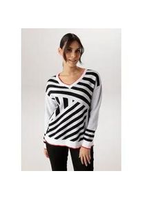 Strickpullover Aniston SELECTED, Damen, Gr. 46, schwarz-wei&szlig; (wei&szlig;, schwarz, rot), Strick, Obermaterial: 50% Viskose, 28% Polyester, 22% Polyamid, Jacquardmuster, gestreift, l&auml;ssig geschnitten h&uuml;ftlang, V-Ausschnitt, Rippstrickb&uuml;ndchen, Pullover Strickpullover, mit interessant verlaufenden Streifen-Muster - NEUE KOLLEKTION