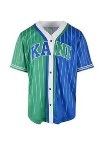 Kurzarmshirt Karl Kani "Karl Kani Herren", Damen, Gr. M, blau, gr&uuml;n, wei&szlig;, 100% Polyester, gestreift, normal, V-Ausschnitt, Shirts